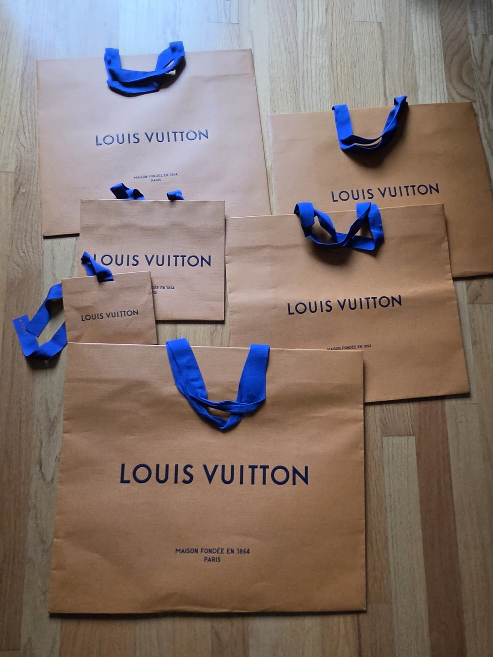 Louis Vuitton Orange Shopping Bags with Blue Ribbon Handles